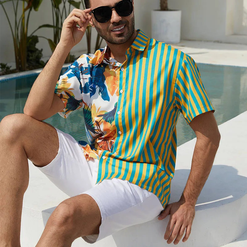 

Polo Collar Shirt for Men Loose Beach Coconut Tree Patchwork Striped Printed Contrasting Short Sleeved Mens Shirt