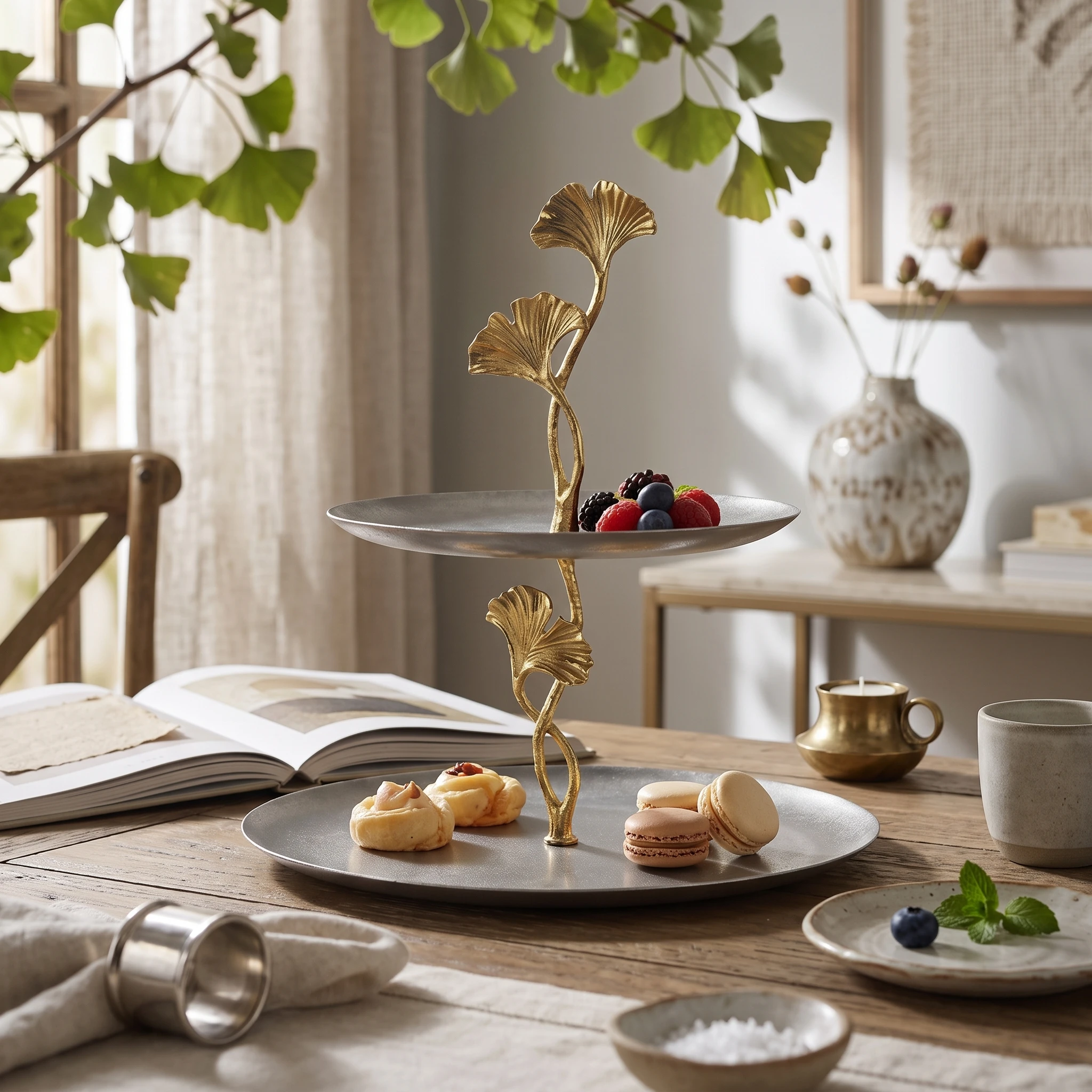 Two-Tier Tray Stand Stainless Steel Serving Stand with Ginkgo Leaf Platter Round Sturdy for Hosts, Coffee Table
Two-Tier Tray Stand Stainless Steel Serving Stand with Ginkgo Leaf Platter Round Sturdy for Hosts, Coffee Table