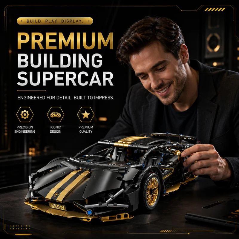Premium Black Gold Supercar Building Blocks Set 1:14 Scale Mechanical Sports Car Model with Opening Scissor Doors, Display Toy G
Premium Black Gold Supercar Building Blocks Set 1:14 Scale Mechanical Sports Car Model with Opening Scissor Doors, Display Toy G