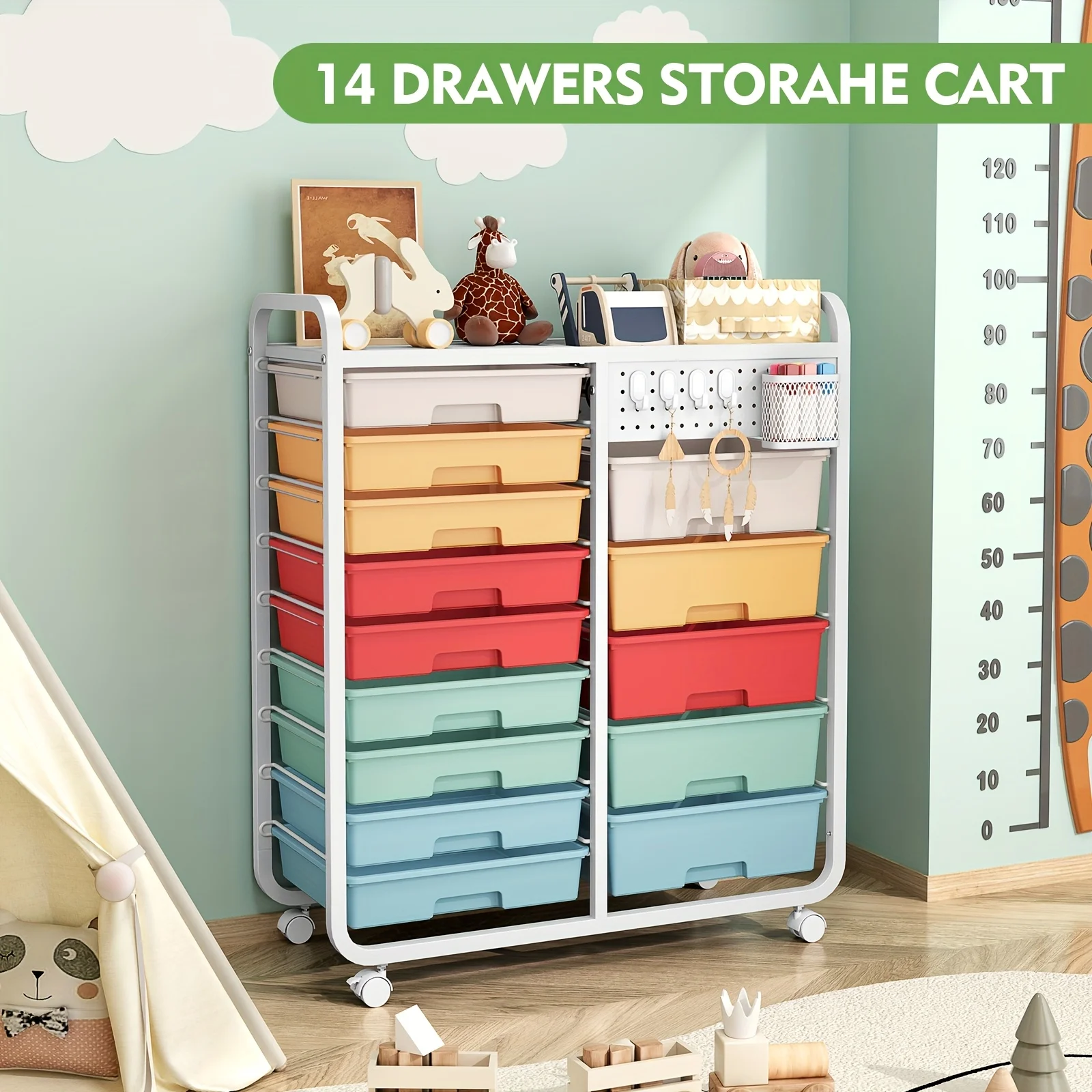 TOOLF 14-Drawer Rolling Storage Cart with Tabletop & Pegboard, Mobile Utility Cabinet on Wheels - Durable Metal Organizer
TOOLF 14-Drawer Rolling Storage Cart with Tabletop & Pegboard, Mobile Utility Cabinet on Wheels - Durable Metal Organizer