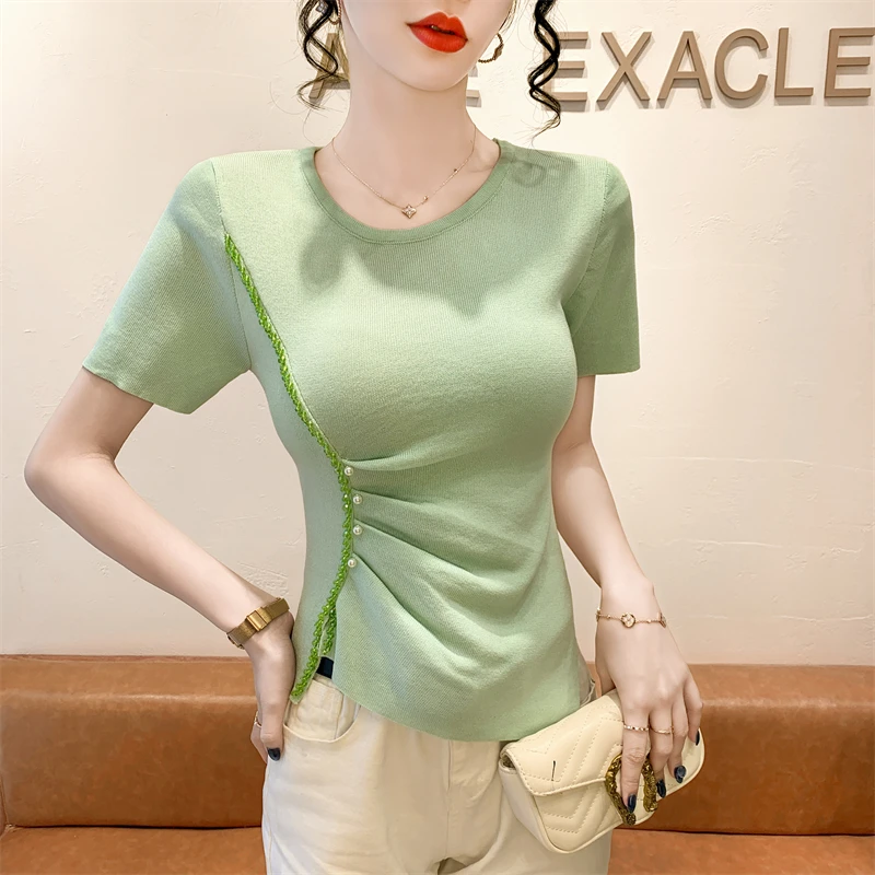 New Summer Knitted T-Shirt Streetwear Girl Luxury Bead Short Sleeve Tops Women Chic Ruched Slim Elastic Tees Female Blusas
New Summer Knitted T-Shirt Streetwear Girl Luxury Bead Short Sleeve Tops Women Chic Ruched Slim Elastic Tees Female Blusas