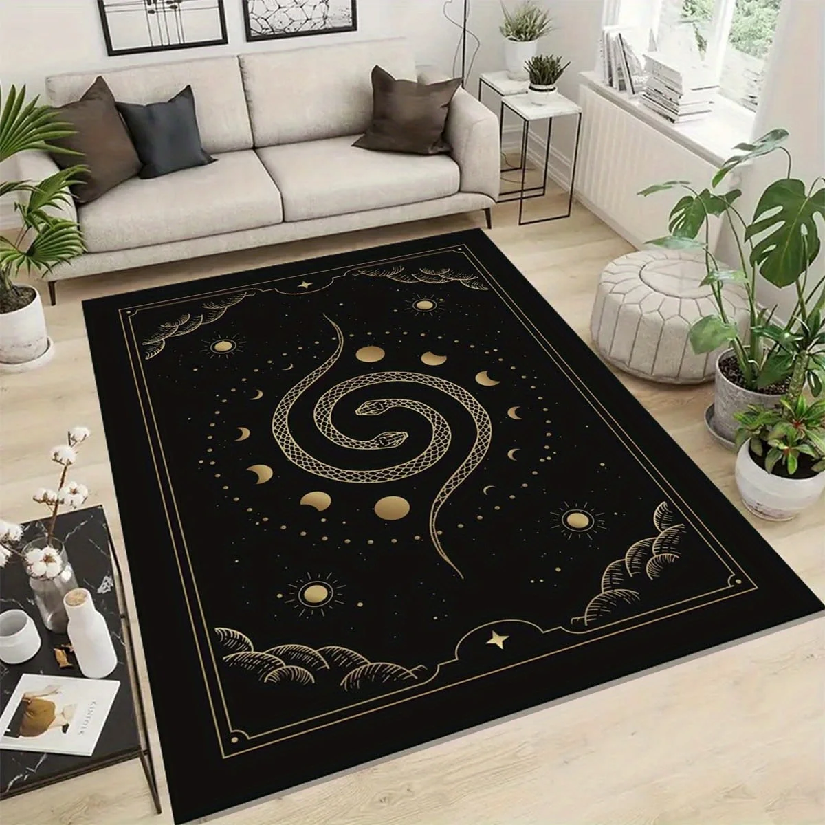 Black Gold Snake Moon Stars Area Rug Machine Made Polyester Low Pile Washable Rectangle Carpet for Living Room Bedroom Decor
Black Gold Snake Moon Stars Area Rug Machine Made Polyester Low Pile Washable Rectangle Carpet for Living Room Bedroom Decor