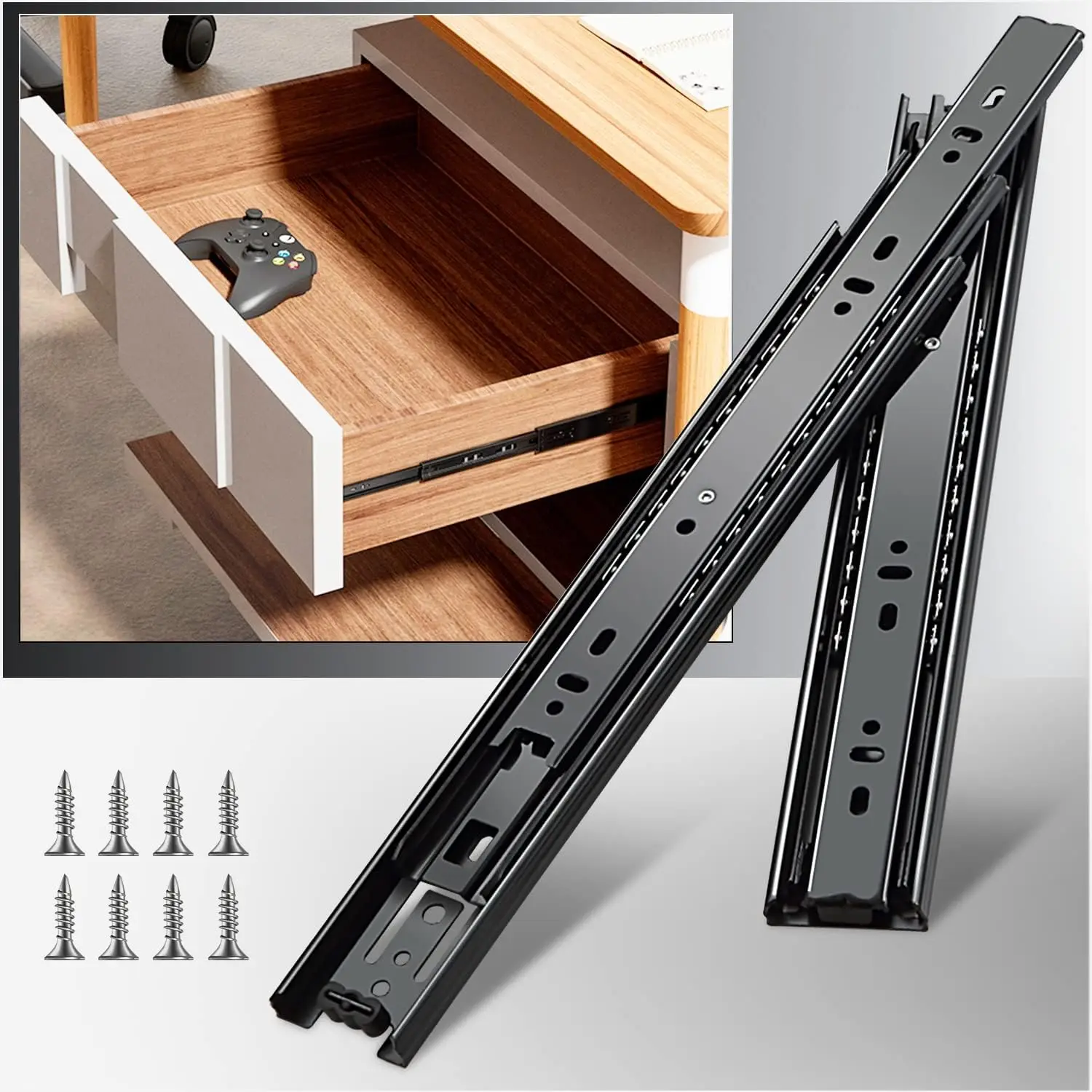 Full Extension Drawer Slides Side Mount 12 Inch Ball Bearing Heavy Duty 100 Lb for Cabinet Kitchen Black Rails
Full Extension Drawer Slides Side Mount 12 Inch Ball Bearing Heavy Duty 100 Lb for Cabinet Kitchen Black Rails