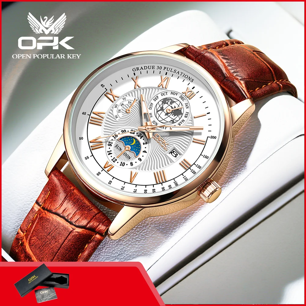 OPK 8153 Fashion Business Men's Quartz Wristwatch Luminous 24 Hour Moon Phase Leather Strap Waterproof Man Watch Luxury
OPK 8153 Fashion Business Men's Quartz Wristwatch Luminous 24 Hour Moon Phase Leather Strap Waterproof Man Watch Luxury