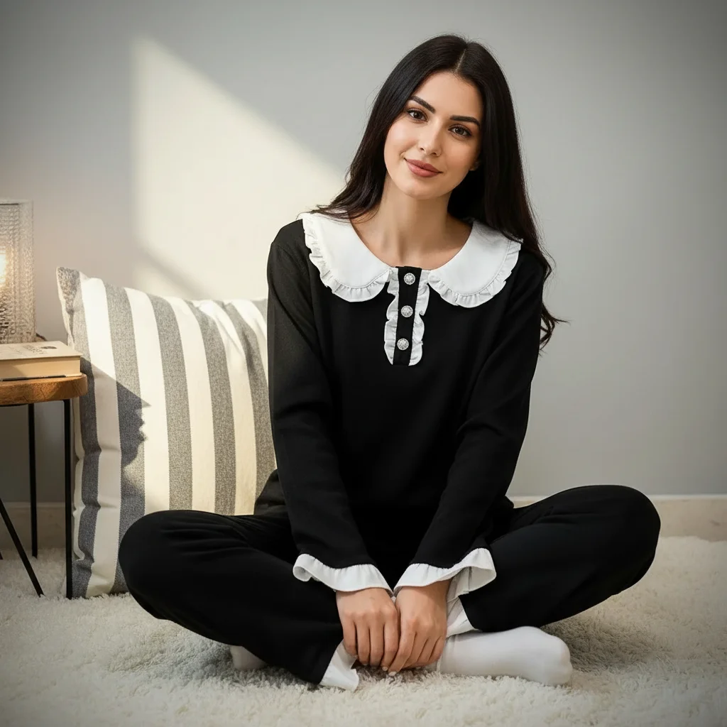 Pajamas for Women Set Lounge Pearl Button Princess Neck Black Color Spring Cute Pj Sets for Woman
Pajamas for Women Set Lounge Pearl Button Princess Neck Black Color Spring Cute Pj Sets for Woman