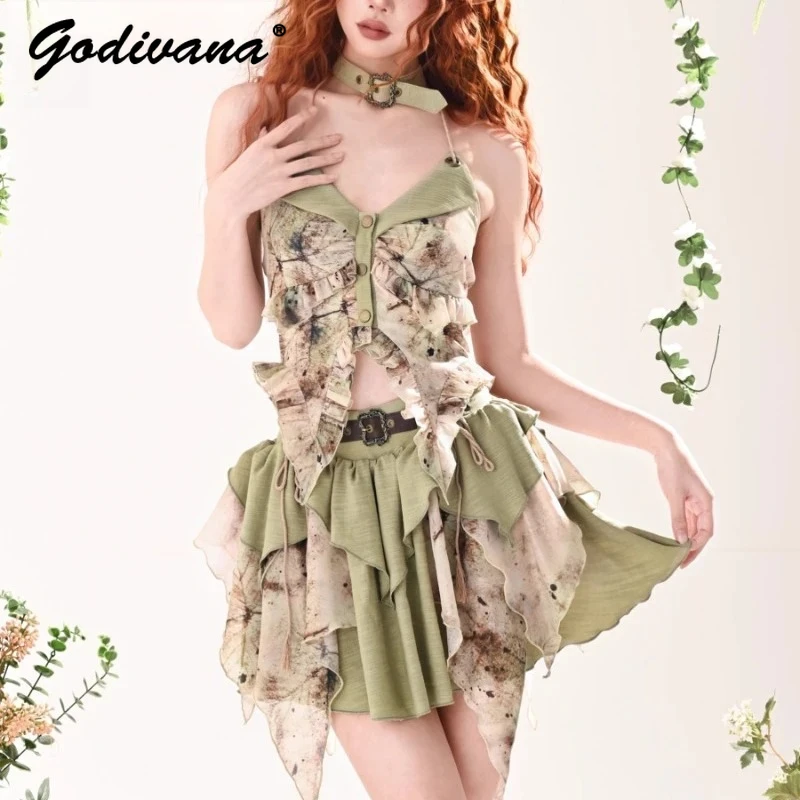 Mori Stray Style Tie-dye Print Strap Ruffle Edge Halter Camisole Suspender Top Sweet Cool Girl Women's Tutu Skirt 2 Peice Set
Mori Stray Style Tie-dye Print Strap Ruffle Edge Halter Camisole Suspender Top Sweet Cool Girl Women's Tutu Skirt 2 Peice Set