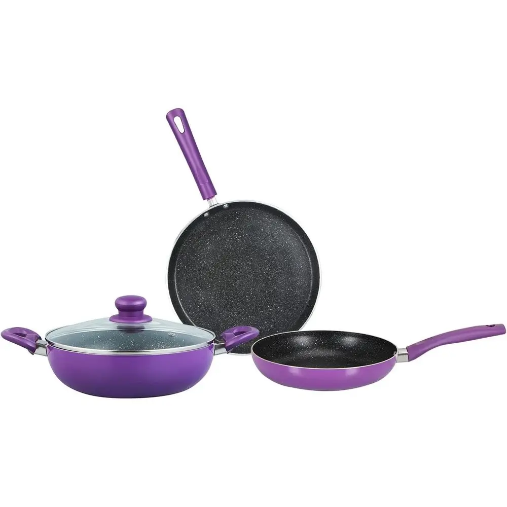 4-Piece Non-Stick Cookware Set: 24cm Kadai with Lid, Frypan, and Tawa - Induction Compatible, Minimal Oil Use
4-Piece Non-Stick Cookware Set: 24cm Kadai with Lid, Frypan, and Tawa - Induction Compatible, Minimal Oil Use