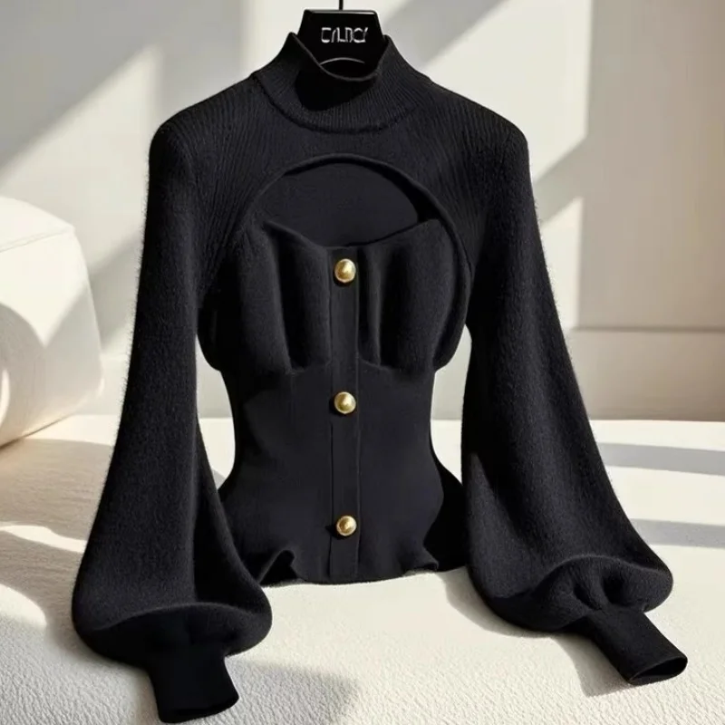 Women's Black Hollow-out Mock Neck Pullover Sweater Lantern Sleeves Slim Fit Layering Top Luxury Chic Casual warm sweater XQ63
Women's Black Hollow-out Mock Neck Pullover Sweater Lantern Sleeves Slim Fit Layering Top Luxury Chic Casual warm sweater XQ63