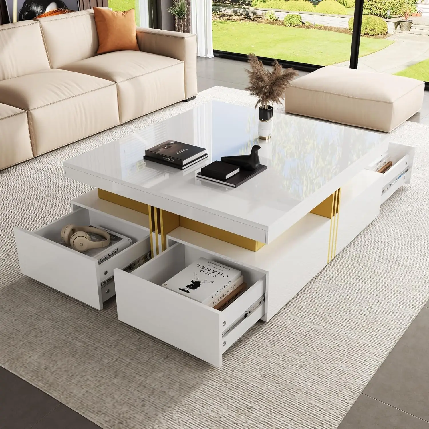 43.3'' Modern Glossy Square Storage Coffee Table with 4 Drawers, White, Customized
43.3'' Modern Glossy Square Storage Coffee Table with 4 Drawers, White, Customized