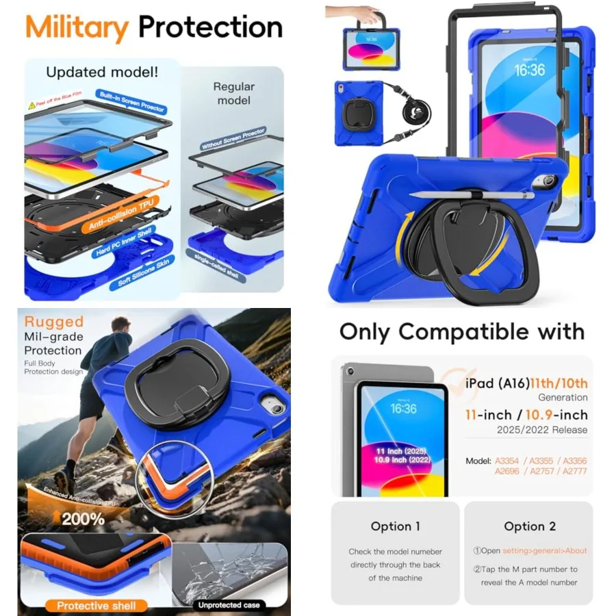 Case for iPad (A16) 11th/10th Gen 11''/10.9'' 2025/2022 - Heavy Duty Shockproof Cover with 360° Rotating & 180° Folding Stand, Screen Protector, Shoulder Strap & Pencil Holder | Blue
Case for iPad (A16) 11th/10th Gen 11''/10.9'' 2025/2022 - Heavy Duty Shockproof Cover with 360° Rotating & 180° Folding Stand, Screen Protector, Shoulder Strap & Pencil Holder | Blue