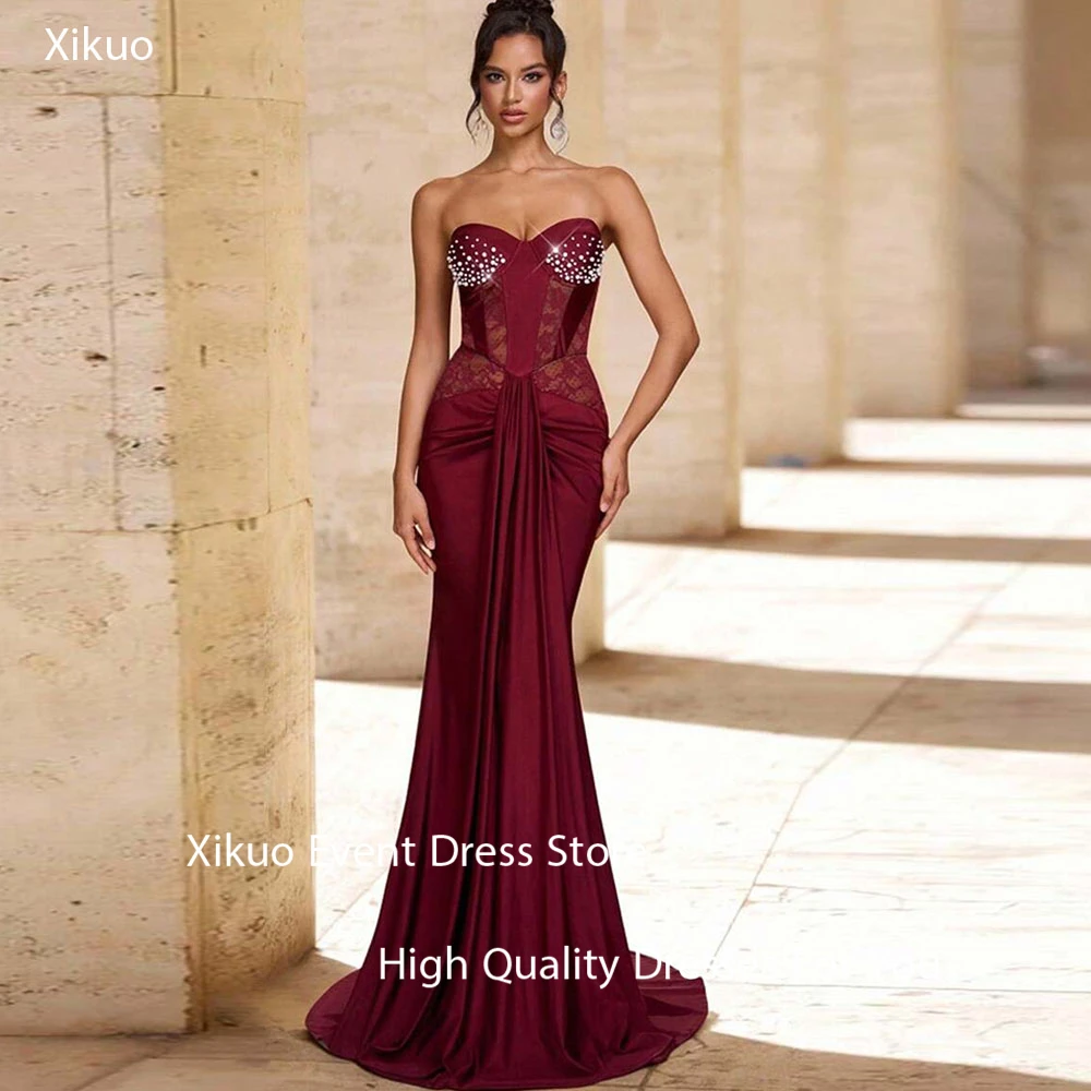 Xikuo Graceful Burgundy Satin Evening Gowns Sweetheart Mermaid Robe Cocktail Femmes Pearls Pleated Party Prom Dresses Customized
Xikuo Graceful Burgundy Satin Evening Gowns Sweetheart Mermaid Robe Cocktail Femmes Pearls Pleated Party Prom Dresses Customized
