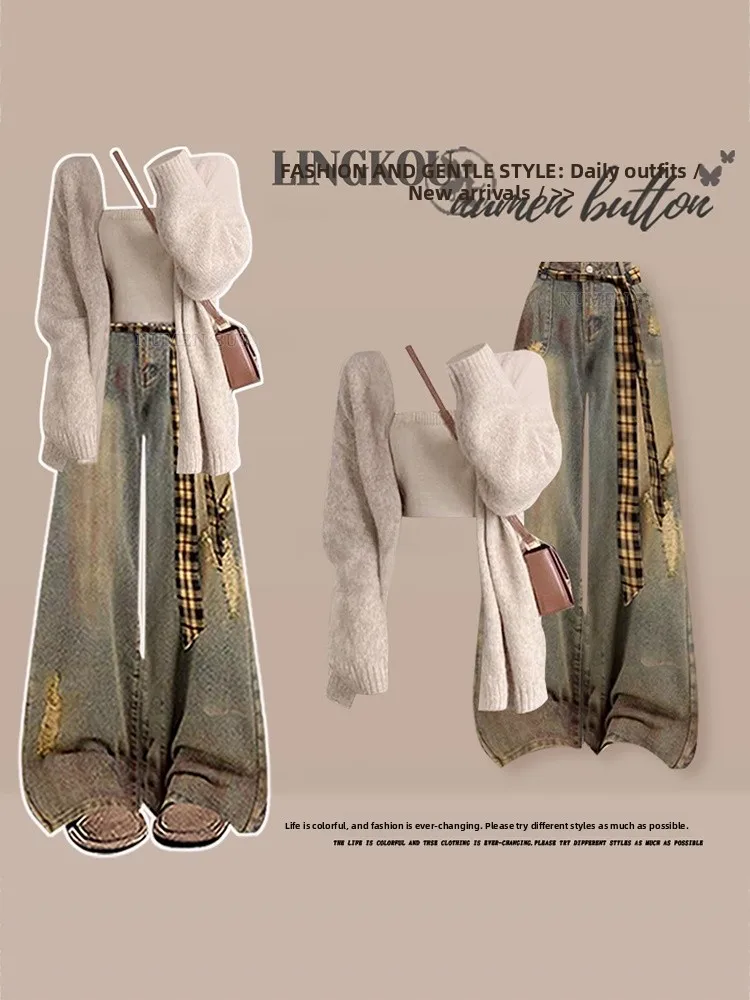 Fashionable Knitted Autumn Set Women's Lazy Style Anti-Aging Denim Bottoming Camisole Vintage Three-Piece Suit Casual Wear
Fashionable Knitted Autumn Set Women's Lazy Style Anti-Aging Denim Bottoming Camisole Vintage Three-Piece Suit Casual Wear