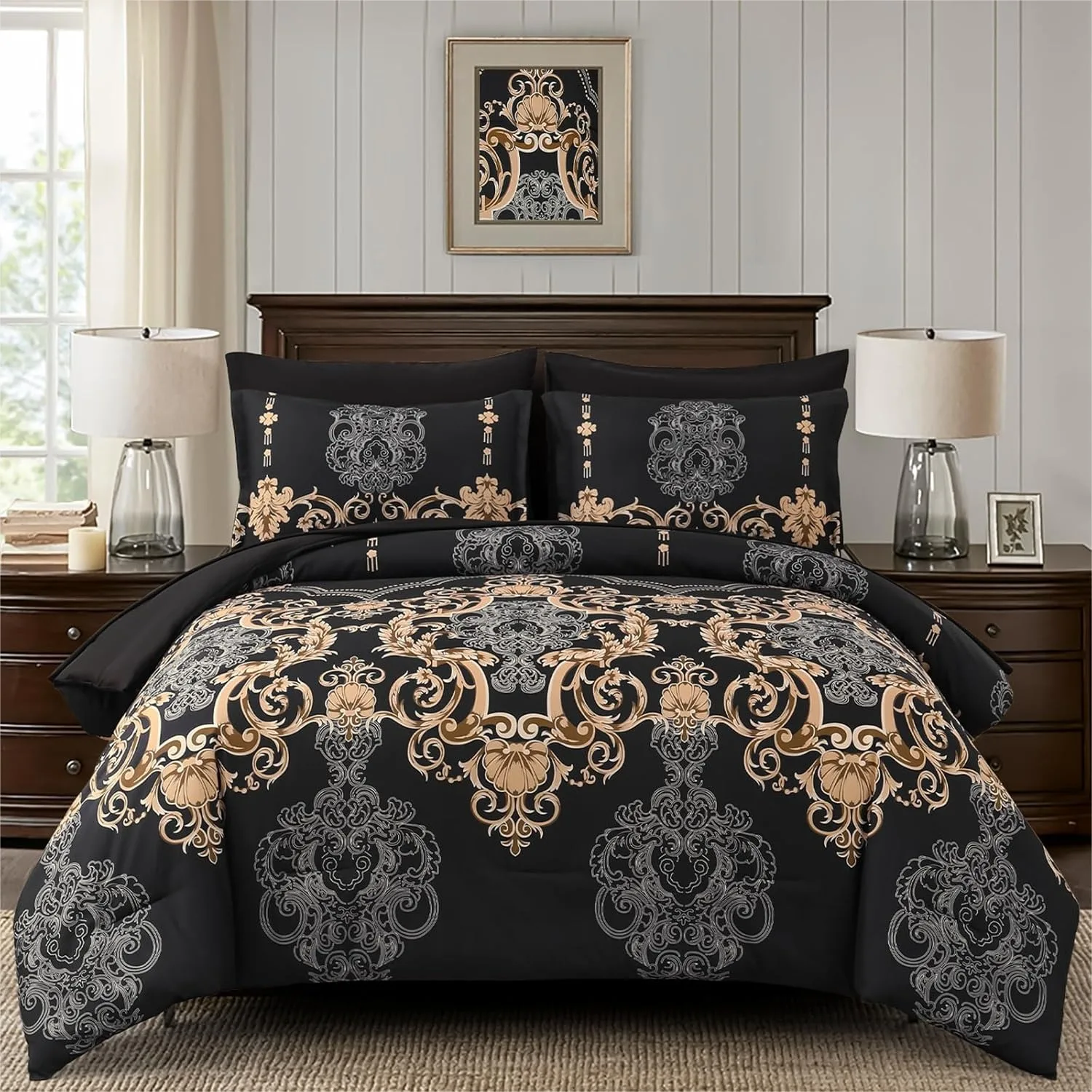 King Size Damask Comforter Set 7 Pieces Black Gold Bed in a Bag with Sheets & Pillowcases for All Season
King Size Damask Comforter Set 7 Pieces Black Gold Bed in a Bag with Sheets & Pillowcases for All Season