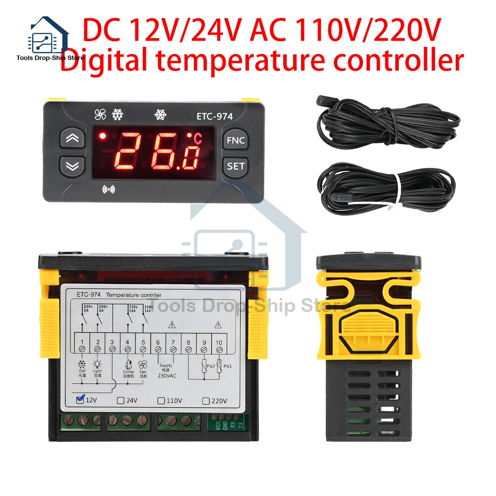 ETC-974 Temperature Controller Refrigerator Defrosting Heating Control Thermoregulator Dual NTC Sensor DC12V/24V AC110V/220V
ETC-974 Temperature Controller Refrigerator Defrosting Heating Control Thermoregulator Dual NTC Sensor DC12V/24V AC110V/220V