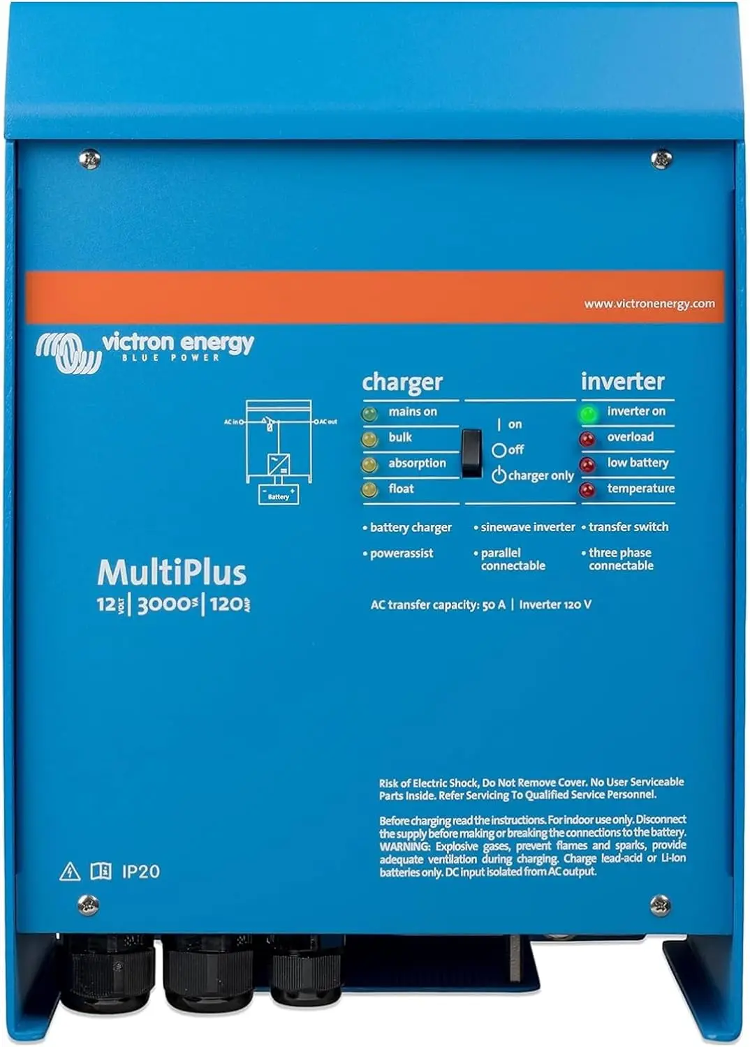 Victron Energy MultiPlus - Power Inverter - Pure Sine Wave Inverter Charger for 120 Amp Battery - with PowerAssist Technology - 3000VA 12-Volt
Victron Energy MultiPlus - Power Inverter - Pure Sine Wave Inverter Charger for 120 Amp Battery - with PowerAssist Technology - 3000VA 12-Volt