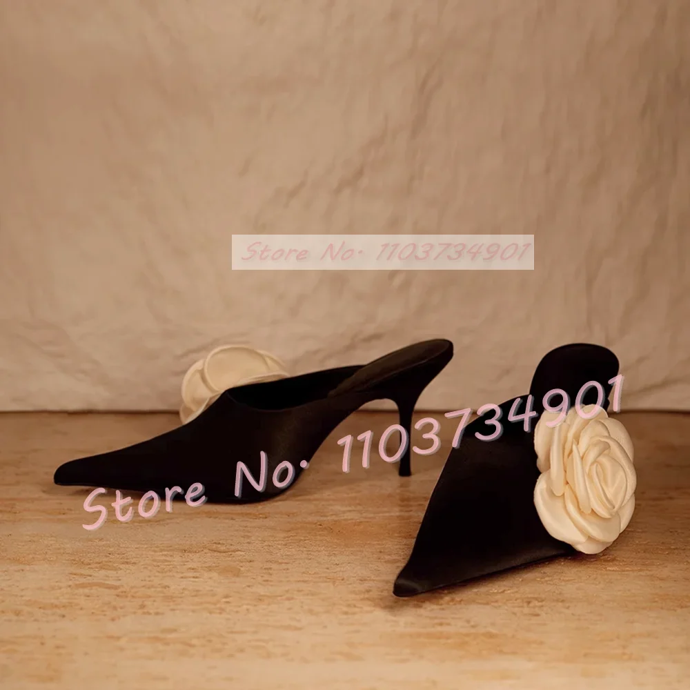 Black Satin Pointy High Heels Mules Women Elegant Side White Flower Stiletto Slippers Female Party Chic Nifty Out Side Slippers
Black Satin Pointy High Heels Mules Women Elegant Side White Flower Stiletto Slippers Female Party Chic Nifty Out Side Slippers