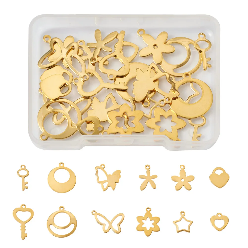 24Pcs/Box Golden Stainless Steel Charms Cute Tiny Heart Star Flower Pendants for Women Necklace DIY Jewelry Making Accessories
24Pcs/Box Golden Stainless Steel Charms Cute Tiny Heart Star Flower Pendants for Women Necklace DIY Jewelry Making Accessories