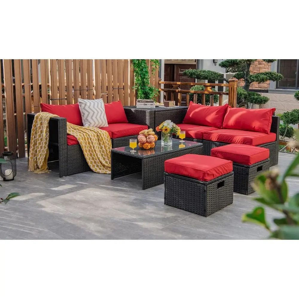 8-Piece Outdoor Patio Furniture Set with Waterproof Cover, Space-Saving PE Rattan with Storage, Tempered Glass Table, 2 Ottomans
8-Piece Outdoor Patio Furniture Set with Waterproof Cover, Space-Saving PE Rattan with Storage, Tempered Glass Table, 2 Ottomans