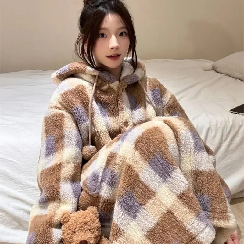 Autumn Winter Hooded Robe Coral Fleece Women's Pajama Girl Homewear Flannel Keep Warm Wearable As Outerwear Sleepwear Thicken Pj
Autumn Winter Hooded Robe Coral Fleece Women's Pajama Girl Homewear Flannel Keep Warm Wearable As Outerwear Sleepwear Thicken Pj