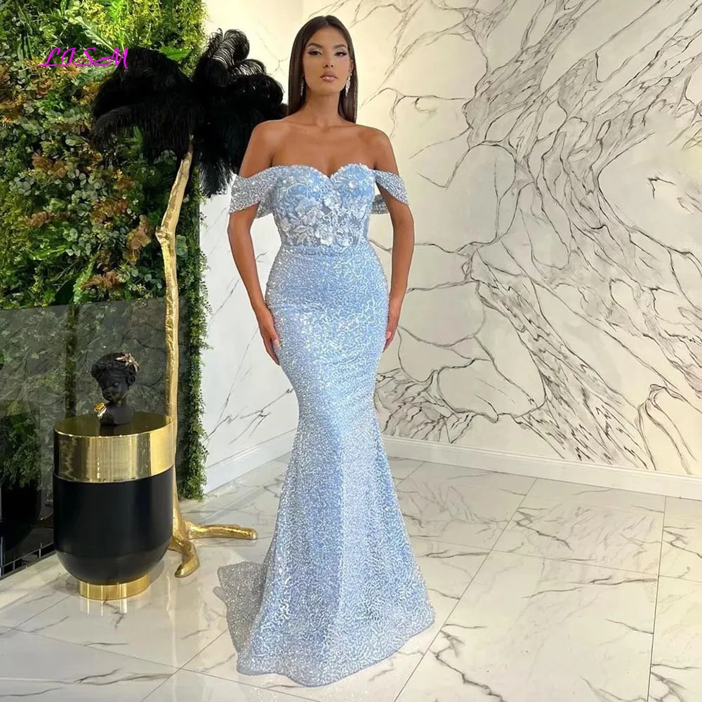 Sky Blue Glitter Sequins Mermaid Prom Dresses Off the Shoulder Lace Appliques Long Evening Dress for Women Wedding Party Gowns
Sky Blue Glitter Sequins Mermaid Prom Dresses Off the Shoulder Lace Appliques Long Evening Dress for Women Wedding Party Gowns