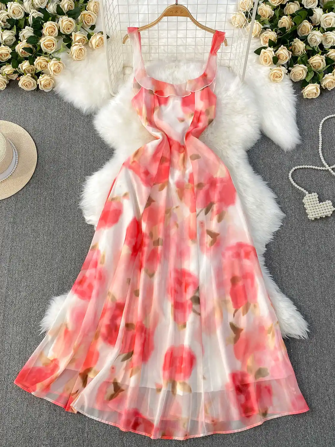 French Rose Print Chiffon dress Summer U-neck Spaghetti Strap A-line Long Skirt Women Sleeveless Zipper Vacation Dresses
French Rose Print Chiffon dress Summer U-neck Spaghetti Strap A-line Long Skirt Women Sleeveless Zipper Vacation Dresses