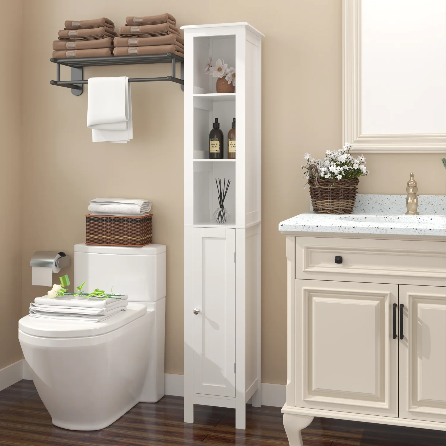 66.92" Tall Bathroom Storage Cabinet with Adjustable Shelves,Slim 1 Doors Freestanding Cabinet with Anti-Tip, Open compartments,
66.92" Tall Bathroom Storage Cabinet with Adjustable Shelves,Slim 1 Doors Freestanding Cabinet with Anti-Tip, Open compartments,