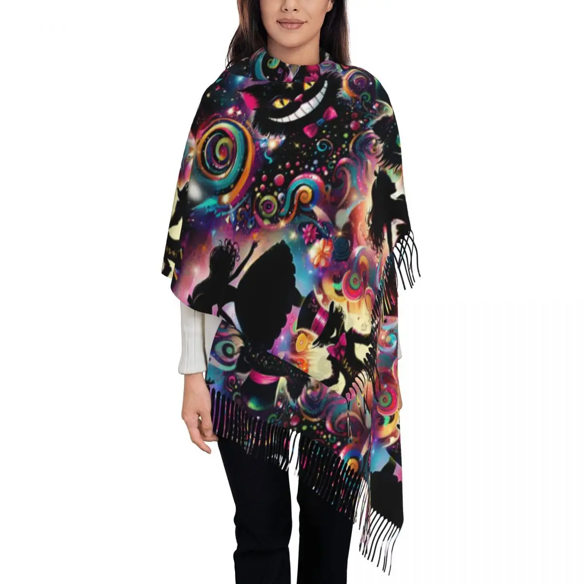 Роскошный шарф с кисточками на заказ «Алиса в стране чудес», женский зимне-осенний теплый платок, женские забавные шарфы с котом Чеширс 
Роскошный шарф с кисточками на заказ «Алиса в стране чудес», женский зимне-осенний теплый платок, женские забавные шарфы с котом Чеширс