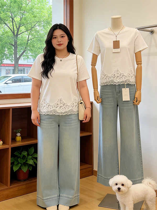 Casual Lace Splice Hem round Neck T-Shirt Women's plus Size Spring Summer New Style Korean Version Breathable Skin-friendly
Casual Lace Splice Hem round Neck T-Shirt Women's plus Size Spring Summer New Style Korean Version Breathable Skin-friendly
