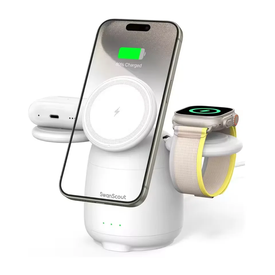 for Apple mobile phones, watches, headphones, big white 3-in-1 magnetic wireless charger.
for Apple mobile phones, watches, headphones, big white 3-in-1 magnetic wireless charger.