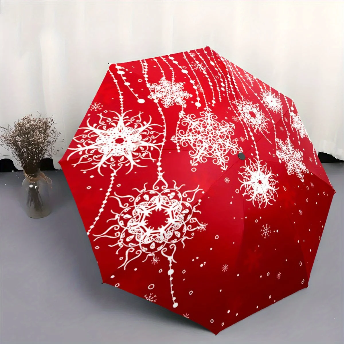 Automatic Open/Close Umbrella with One-Touch Button - Elegant Red & White Snowflake Pattern, Compact Folding Umbrella with 8-R
Automatic Open/Close Umbrella with One-Touch Button - Elegant Red & White Snowflake Pattern, Compact Folding Umbrella with 8-R