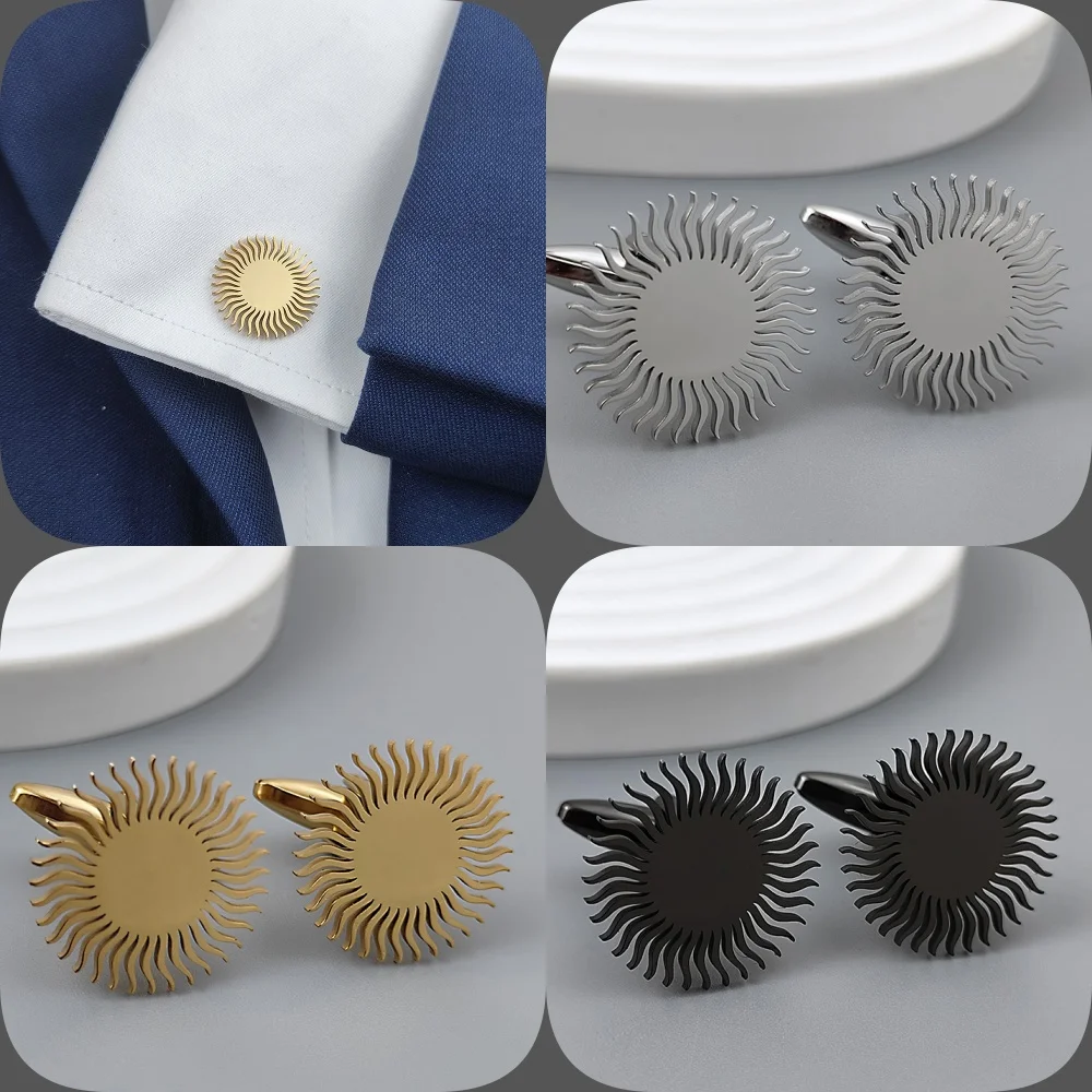 Sunflower gold-plated cufflinks, black stainless steel cuffs, men's shirt button accessories, business formal wear
Sunflower gold-plated cufflinks, black stainless steel cuffs, men's shirt button accessories, business formal wear