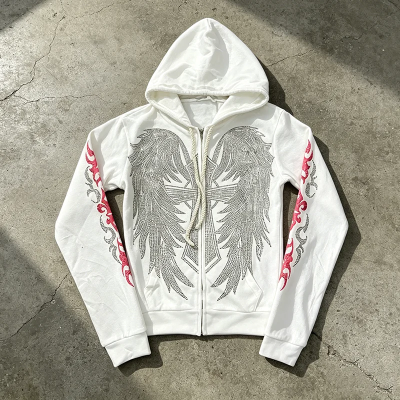 Men's Rhinestone Hoodie White Zip Up Cross Wing Print Hoodie Long Sleeve Pink Tribal Graphic Hooded Sweatshirt Gothic Streetwear
Men's Rhinestone Hoodie White Zip Up Cross Wing Print Hoodie Long Sleeve Pink Tribal Graphic Hooded Sweatshirt Gothic Streetwear