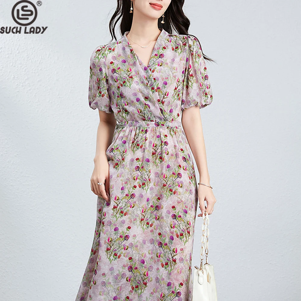 Women’s 100% Mulberry Silk V-neck Short Sleeve Floral Print Dress Mid-length Elegant Summer Vestidos
Women’s 100% Mulberry Silk V-neck Short Sleeve Floral Print Dress Mid-length Elegant Summer Vestidos