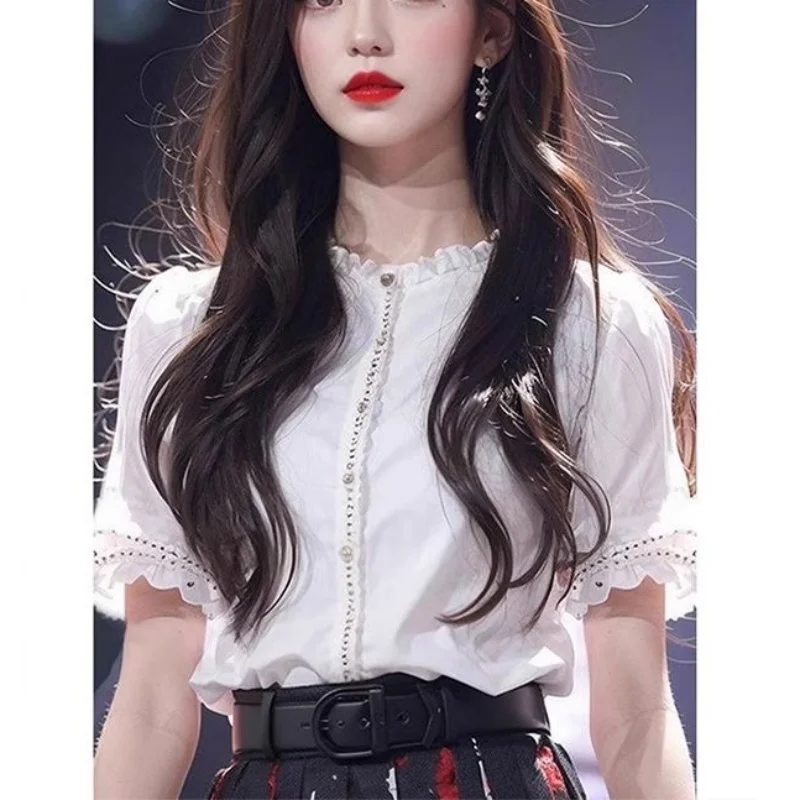 Summer New Fashion Ruffles Round Neck Short Sleeve Loose Solid Color Women's Wear Office Lady Single Breasted Shirt
Summer New Fashion Ruffles Round Neck Short Sleeve Loose Solid Color Women's Wear Office Lady Single Breasted Shirt