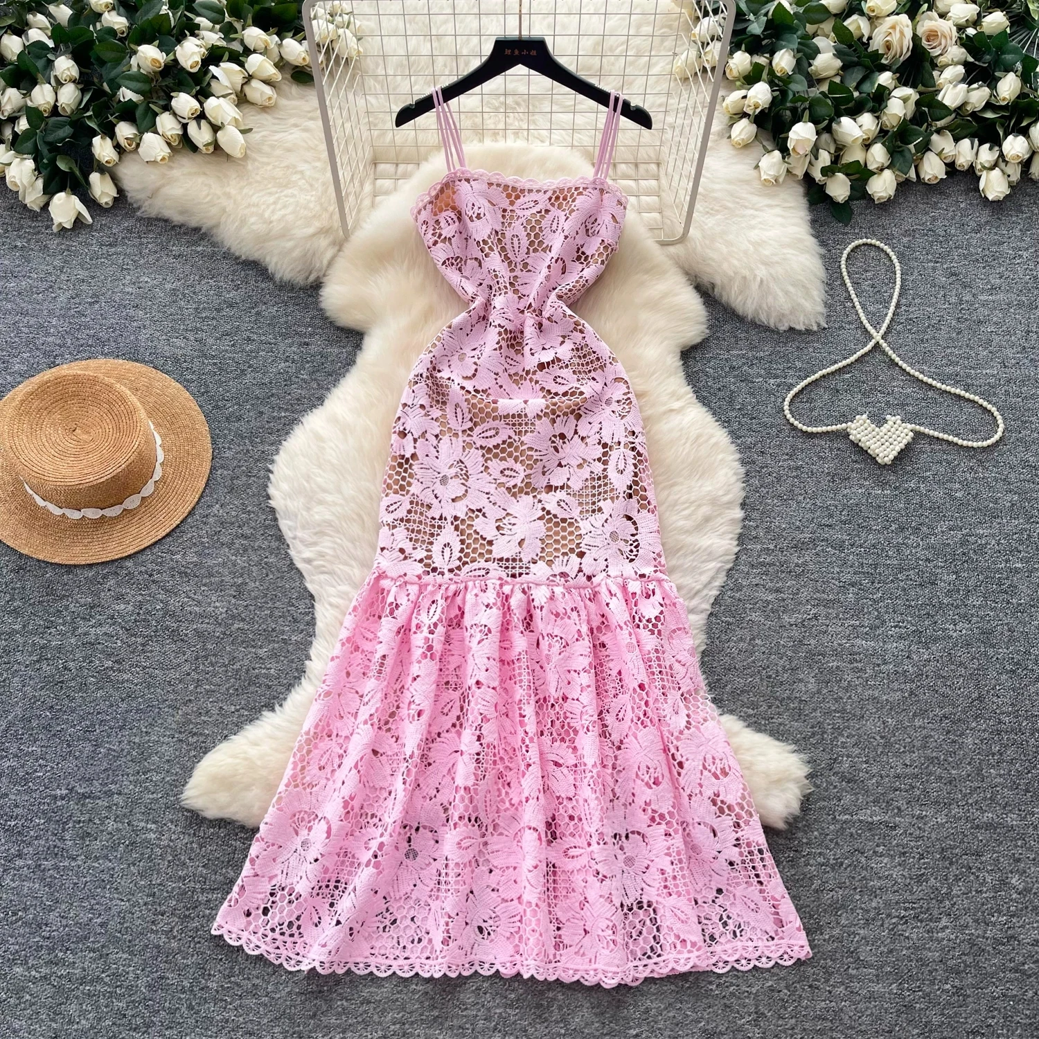 Elegant Pink Crochet Lace Mermaid Dress Women Spaghetti Strap Sleeveless Bodycon Long Dress with Belt Wedding Guest Prom Gown
Elegant Pink Crochet Lace Mermaid Dress Women Spaghetti Strap Sleeveless Bodycon Long Dress with Belt Wedding Guest Prom Gown