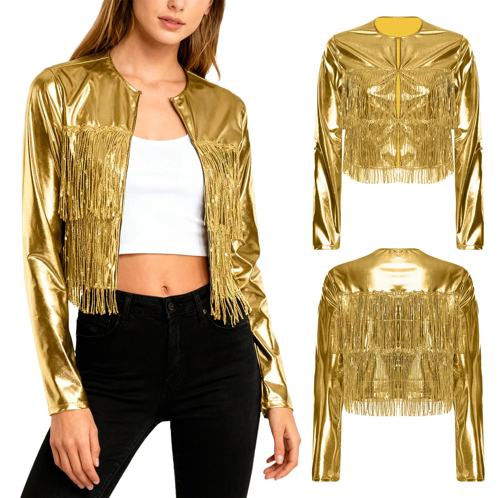 Женская металлическая куртка для вечеринок и дискотек, с многослойными бахромами, длинными рукавами и круглым вырезом, для ковбойских вечеринок, рок- и джаз-танцев
Женская металлическая куртка для вечеринок и дискотек, с многослойными бахромами, длинными рукавами и круглым вырезом, для ковбойских вечеринок, рок- и джаз-танцев