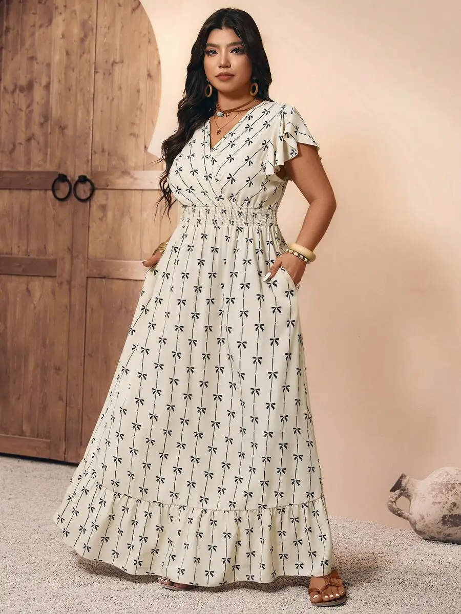 Elegant Casual Shirred Ruffle Short Sleeve Elastic Waist Maxi Dress With Floral Pattern White Plus Size Tall
Elegant Casual Shirred Ruffle Short Sleeve Elastic Waist Maxi Dress With Floral Pattern White Plus Size Tall