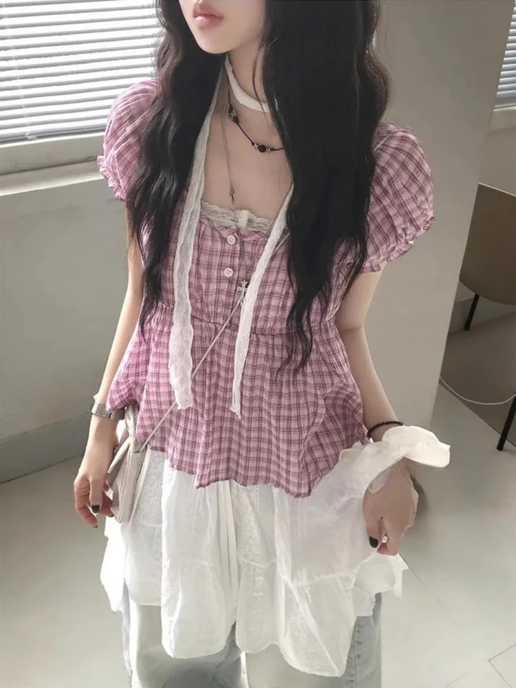 Korean Vintage Sweet Plaid Shirt Women Y2k Fashion All-match Puff Sleeve Blouses 2025 Summer New Casual Blusas De Mujer 
Korean Vintage Sweet Plaid Shirt Women Y2k Fashion All-match Puff Sleeve Blouses 2025 Summer New Casual Blusas De Mujer