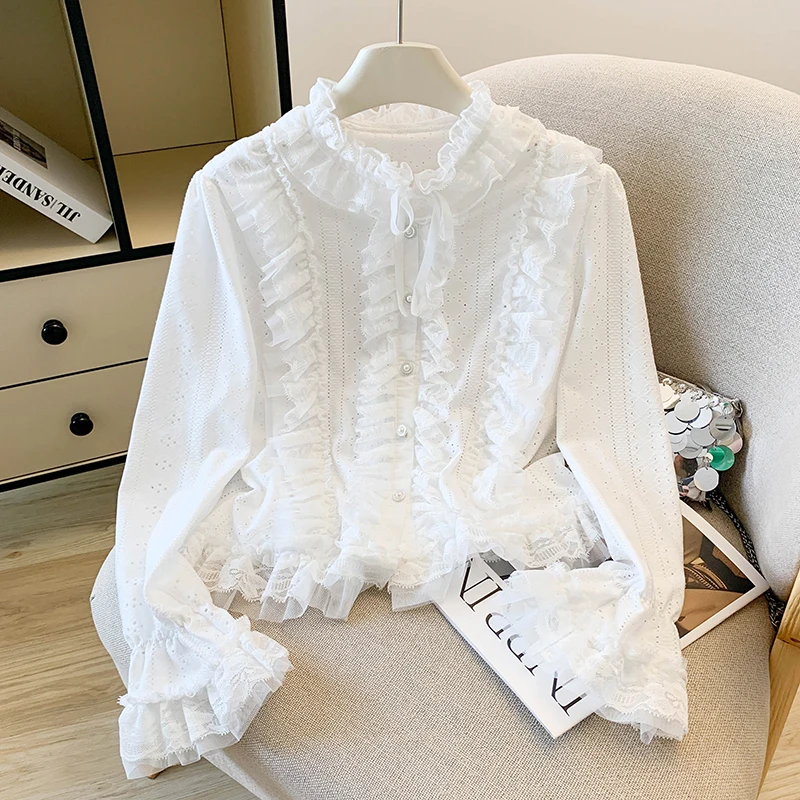 Elegant Lace Trim Long Sleeve Shirt Women's Early Autumn Single Button Hollow out Beautiful Top Commute Style Loose Fit Cotton
Elegant Lace Trim Long Sleeve Shirt Women's Early Autumn Single Button Hollow out Beautiful Top Commute Style Loose Fit Cotton