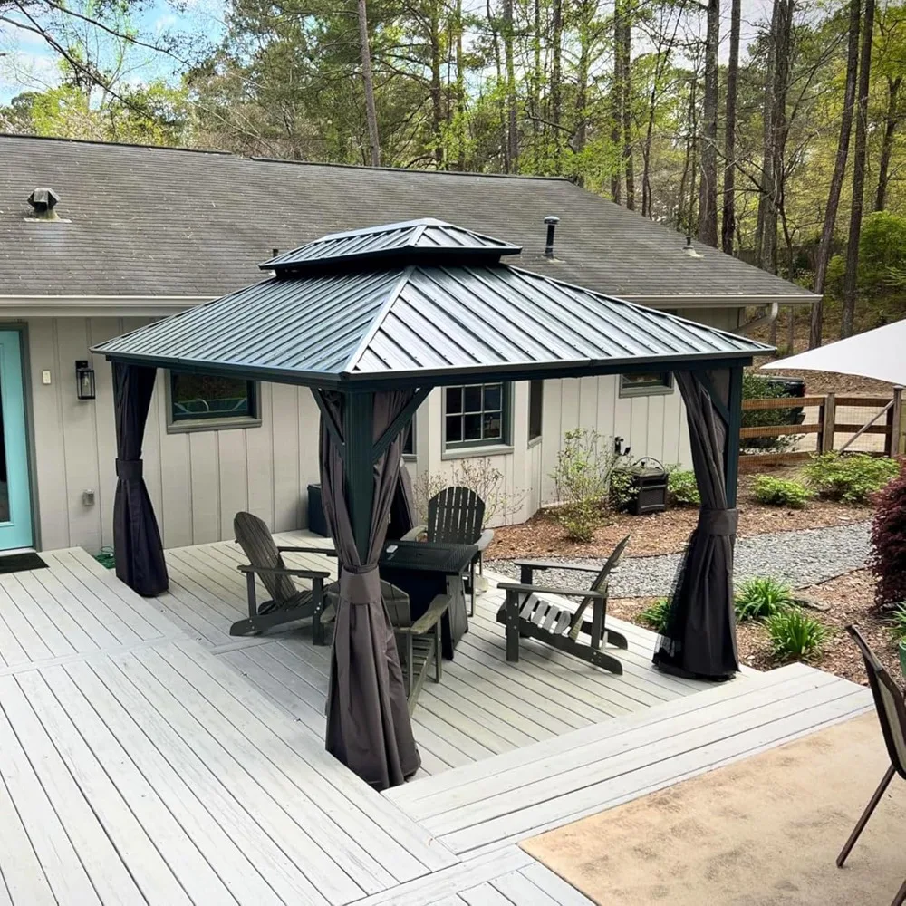 10' x 12' Hardtop Gazebo Permanent Metal Gazebo with Galvanized Steel Double Roof, Curtains and Netting for Patio, Backyard
10' x 12' Hardtop Gazebo Permanent Metal Gazebo with Galvanized Steel Double Roof, Curtains and Netting for Patio, Backyard