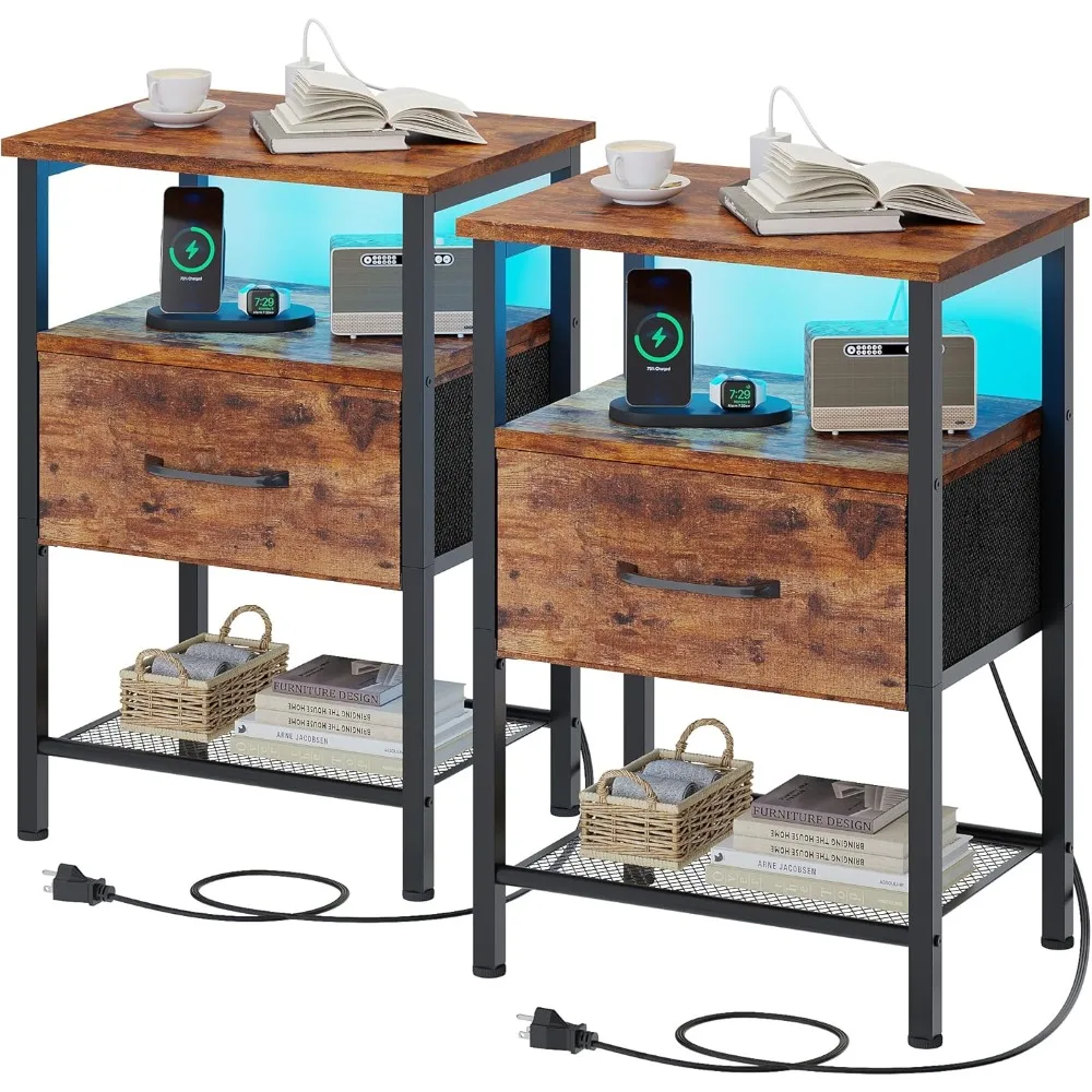End Table with Charging Station, LED Bedside Table with Fabric Drawer for Bedroom, 3-Tier Side Table
End Table with Charging Station, LED Bedside Table with Fabric Drawer for Bedroom, 3-Tier Side Table