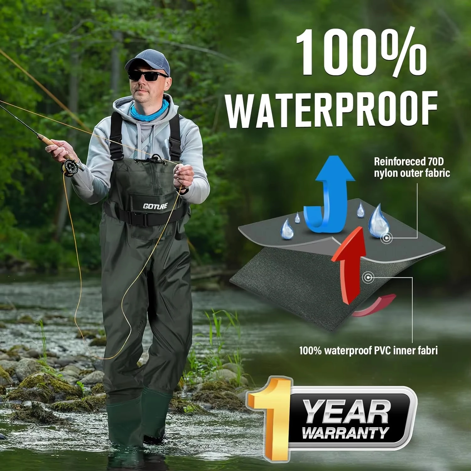 Goture 100% Waterproof Bootfoot Chest Wader 2-Ply Nylon/PVC Adjustable H-Back Shoulder Straps Waist Belt Waders with Boot
Goture 100% Waterproof Bootfoot Chest Wader 2-Ply Nylon/PVC Adjustable H-Back Shoulder Straps Waist Belt Waders with Boot