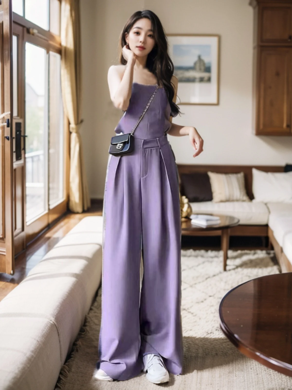 Spring Summer New Korean Style Purple Strap Vest Elastic Waist Loose Wide Leg Pants Two Piece Set Women's Fashion Ensemble
Spring Summer New Korean Style Purple Strap Vest Elastic Waist Loose Wide Leg Pants Two Piece Set Women's Fashion Ensemble