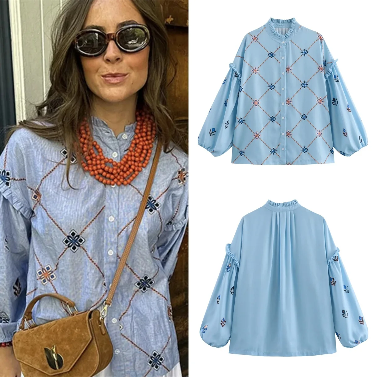Women's 2024 Summer New European and American Style Fungus Stand Collar Lantern Sleeve Printed Shirt Single-breasted Top
Women's 2024 Summer New European and American Style Fungus Stand Collar Lantern Sleeve Printed Shirt Single-breasted Top
