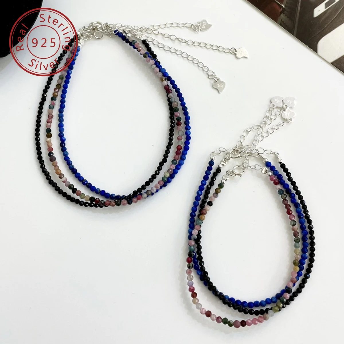 925 silver natural cut tourmaline, lapis lazuli, black spinel bracelet anklet set, niche minimalist style design
925 silver natural cut tourmaline, lapis lazuli, black spinel bracelet anklet set, niche minimalist style design