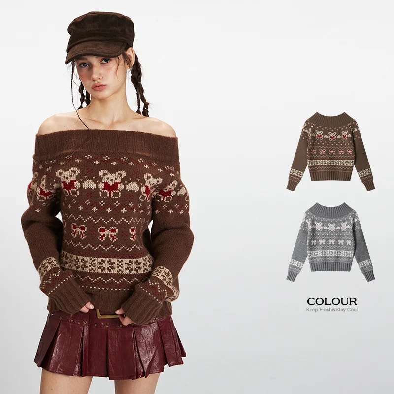 Новое поступление, женский зимний рождественский вязаный свитер на одно плечо, винтажный шикарный теплый коричневый модный топ большого размера с рисунком медведя
Новое поступление, женский зимний рождественский вязаный свитер на одно плечо, винтажный шикарный теплый коричневый модный топ большого размера с рисунком медведя