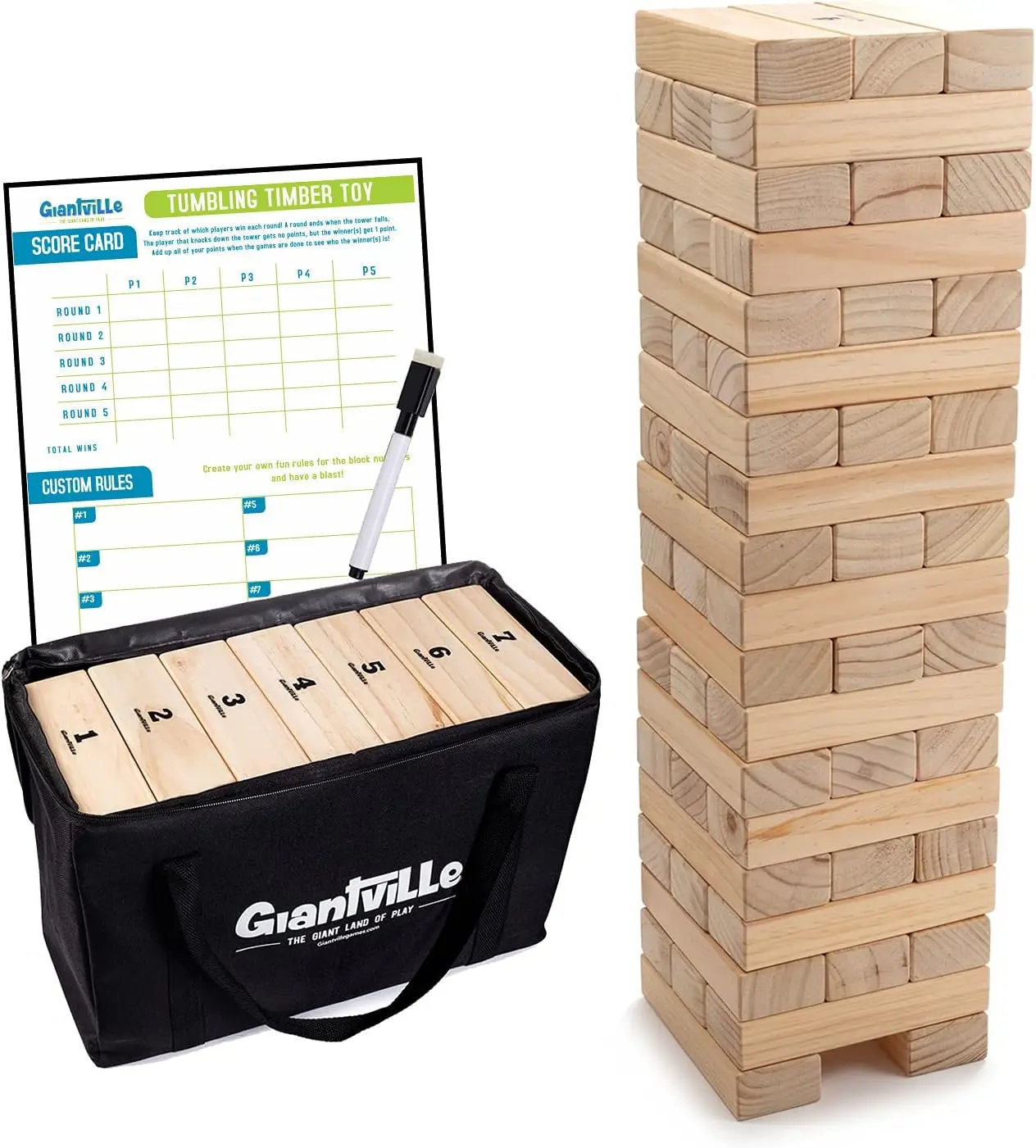 Jumbo Tumbling Timber Tower Game - 56 Pine Wood Blocks with Carry Bag - Indoor Outdoor Family Fun
Jumbo Tumbling Timber Tower Game - 56 Pine Wood Blocks with Carry Bag - Indoor Outdoor Family Fun