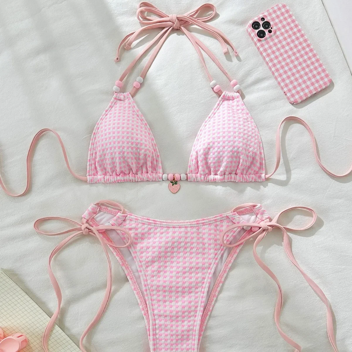 Sexy Pink Plaid Bikinis Sets Women Bead String Strap Push Up Drawstring Side Thong Swimsuit 2025 Beach Bathing Suit Swimwear
Sexy Pink Plaid Bikinis Sets Women Bead String Strap Push Up Drawstring Side Thong Swimsuit 2025 Beach Bathing Suit Swimwear