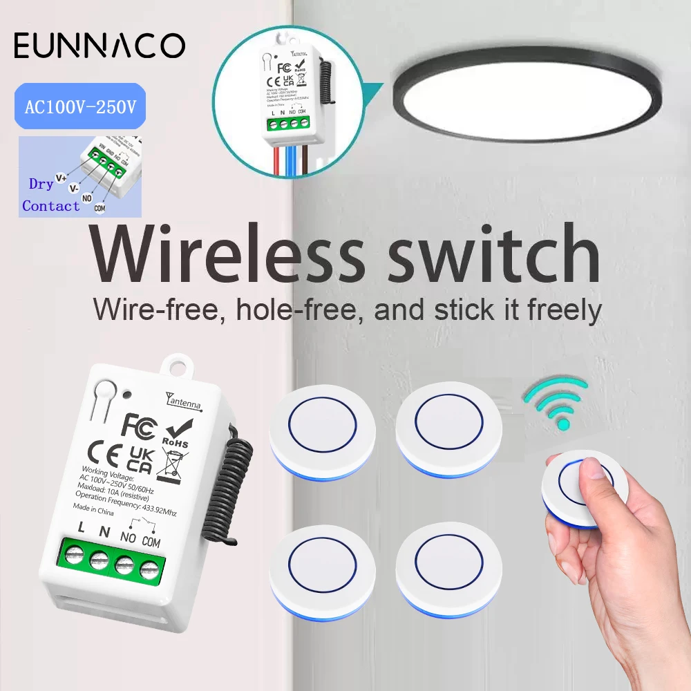 Dry Contact RF433MHz Wireless Remote Control Light Switch AC110V 220V 10A Mini Relay Module for Garage door home light LED Lamp
Dry Contact RF433MHz Wireless Remote Control Light Switch AC110V 220V 10A Mini Relay Module for Garage door home light LED Lamp