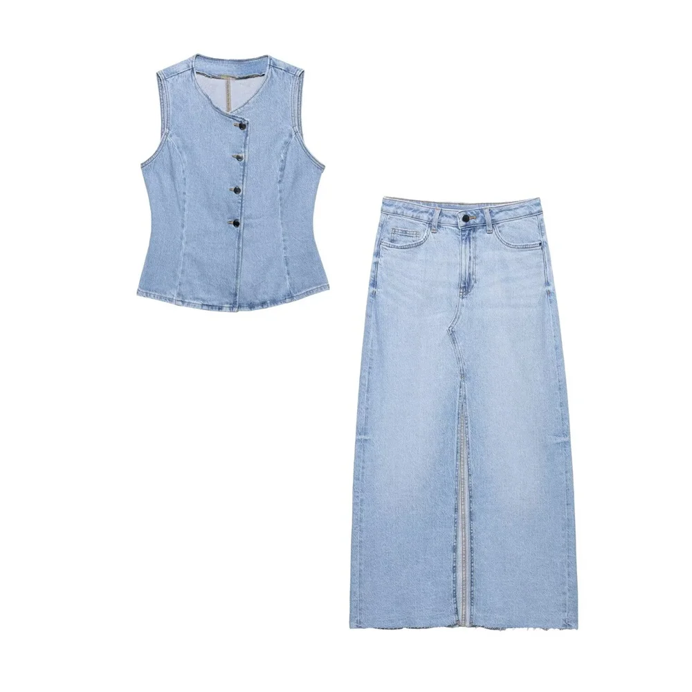 PB&ZA 2025 Women's Light Denim Sleeveless Button - Front Vest and High - Waisted Split - Hem Maxi Skirt Set for a Trendy Look
PB&ZA 2025 Women's Light Denim Sleeveless Button - Front Vest and High - Waisted Split - Hem Maxi Skirt Set for a Trendy Look